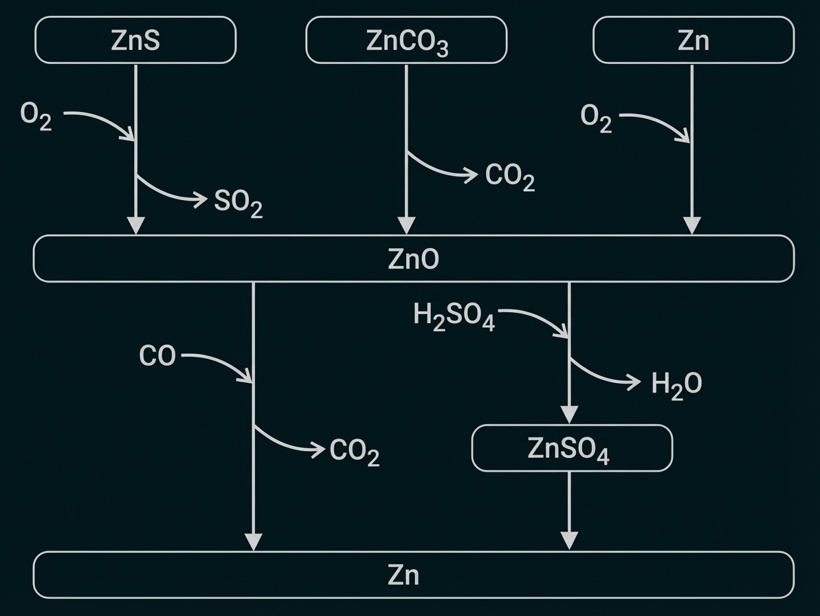 Flussdiagramm der Zinkgewinnung: ZnS, ZnCO3, Zn → ZnO → Zn (direkt oder über ZnSO4)